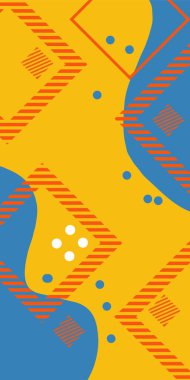 Çeşitli geometrik şekillere sahip soyut dikey arkaplan kartı. Geometrik memphis tarzına sahip dikey duvar kağıdı.