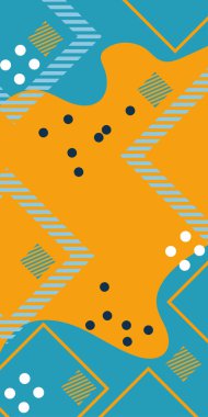 Çeşitli geometrik şekillere sahip soyut dikey arkaplan kartı. Geometrik memphis tarzına sahip dikey duvar kağıdı.