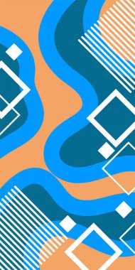 Çeşitli geometrik şekillere sahip soyut dikey arkaplan kartı. Geometrik memphis tarzına sahip dikey duvar kağıdı.