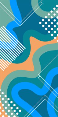 Çeşitli geometrik şekillere sahip soyut dikey arkaplan kartı. Geometrik memphis tarzına sahip dikey duvar kağıdı.