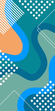 Çeşitli geometrik şekillere sahip soyut dikey arkaplan kartı. Geometrik memphis tarzına sahip dikey duvar kağıdı.