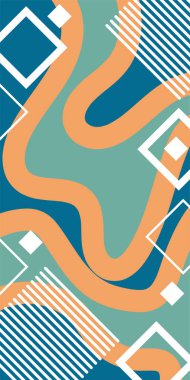 Çeşitli geometrik şekillere sahip soyut dikey arkaplan kartı. Geometrik memphis tarzına sahip dikey duvar kağıdı.