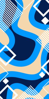 Çeşitli geometrik şekillere sahip soyut dikey arkaplan kartı. Geometrik memphis tarzına sahip dikey duvar kağıdı.