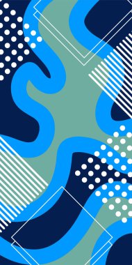 Çeşitli geometrik şekillere sahip soyut dikey arkaplan kartı. Geometrik memphis tarzına sahip dikey duvar kağıdı.