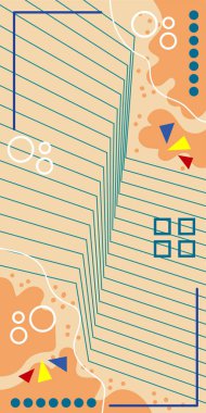Çeşitli geometrik şekillere sahip soyut dikey arkaplan kartı. Geometrik memphis tarzına sahip dikey duvar kağıdı.