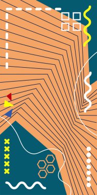 Çeşitli geometrik şekillere sahip soyut dikey arkaplan kartı. Geometrik memphis tarzına sahip dikey duvar kağıdı.