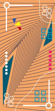 Çeşitli geometrik şekillere sahip soyut dikey arkaplan kartı. Geometrik memphis tarzına sahip dikey duvar kağıdı.