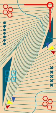 Çeşitli geometrik şekillere sahip soyut dikey arkaplan kartı. Geometrik memphis tarzına sahip dikey duvar kağıdı.