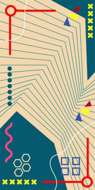 Çeşitli geometrik şekillere sahip soyut dikey arkaplan kartı. Geometrik memphis tarzına sahip dikey duvar kağıdı.