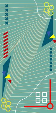 Çeşitli geometrik şekillere sahip soyut dikey arkaplan kartı. Geometrik memphis tarzına sahip dikey duvar kağıdı.