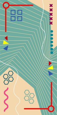 Çeşitli geometrik şekillere sahip soyut dikey arkaplan kartı. Geometrik memphis tarzına sahip dikey duvar kağıdı.
