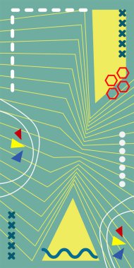 Çeşitli geometrik şekillere sahip soyut dikey arkaplan kartı. Geometrik memphis tarzına sahip dikey duvar kağıdı.