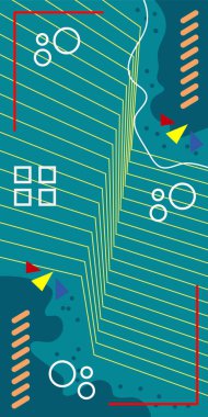 Çeşitli geometrik şekillere sahip soyut dikey arkaplan kartı. Geometrik memphis tarzına sahip dikey duvar kağıdı.