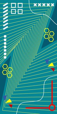 Çeşitli geometrik şekillere sahip soyut dikey arkaplan kartı. Geometrik memphis tarzına sahip dikey duvar kağıdı.