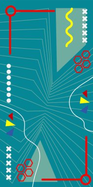 Çeşitli geometrik şekillere sahip soyut dikey arkaplan kartı. Geometrik memphis tarzına sahip dikey duvar kağıdı.