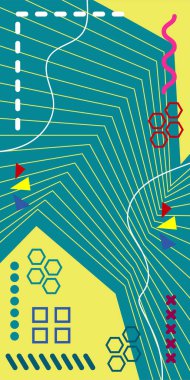 Çeşitli geometrik şekillere sahip soyut dikey arkaplan kartı. Geometrik memphis tarzına sahip dikey duvar kağıdı.