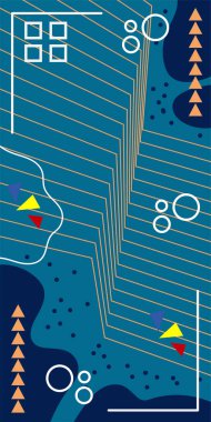 Çeşitli geometrik şekillere sahip soyut dikey arkaplan kartı. Geometrik memphis tarzına sahip dikey duvar kağıdı.