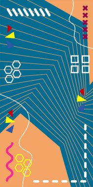 Çeşitli geometrik şekillere sahip soyut dikey arkaplan kartı. Geometrik memphis tarzına sahip dikey duvar kağıdı.
