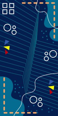 Çeşitli geometrik şekillere sahip soyut dikey arkaplan kartı. Geometrik memphis tarzına sahip dikey duvar kağıdı.