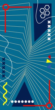 Çeşitli geometrik şekillere sahip soyut dikey arkaplan kartı. Geometrik memphis tarzına sahip dikey duvar kağıdı.