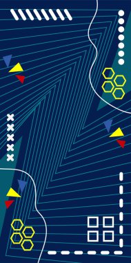 Çeşitli geometrik şekillere sahip soyut dikey arkaplan kartı. Geometrik memphis tarzına sahip dikey duvar kağıdı.