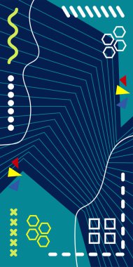 Çeşitli geometrik şekillere sahip soyut dikey arkaplan kartı. Geometrik memphis tarzına sahip dikey duvar kağıdı.