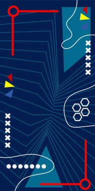 Çeşitli geometrik şekillere sahip soyut dikey arkaplan kartı. Geometrik memphis tarzına sahip dikey duvar kağıdı.