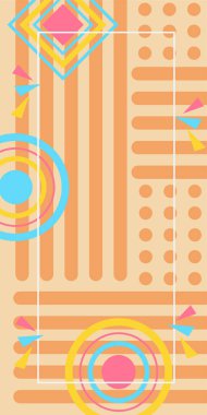 Çeşitli geometrik şekillere sahip soyut dikey arkaplan kartı. Geometrik memphis tarzına sahip dikey duvar kağıdı.