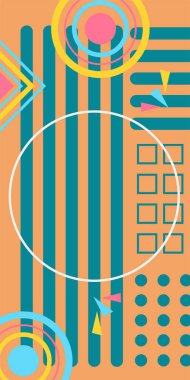 Çeşitli geometrik şekillere sahip soyut dikey arkaplan kartı. Geometrik memphis tarzına sahip dikey duvar kağıdı.