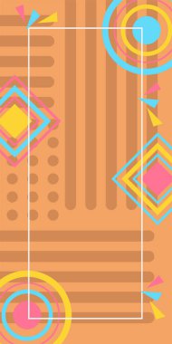 Çeşitli geometrik şekillere sahip soyut dikey arkaplan kartı. Geometrik memphis tarzına sahip dikey duvar kağıdı.