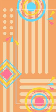 Çeşitli geometrik şekillere sahip soyut dikey arkaplan kartı. Geometrik memphis tarzına sahip dikey duvar kağıdı.