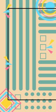 Çeşitli geometrik şekillere sahip soyut dikey arkaplan kartı. Geometrik memphis tarzına sahip dikey duvar kağıdı.