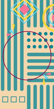 Çeşitli geometrik şekillere sahip soyut dikey arkaplan kartı. Geometrik memphis tarzına sahip dikey duvar kağıdı.