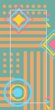 Çeşitli geometrik şekillere sahip soyut dikey arkaplan kartı. Geometrik memphis tarzına sahip dikey duvar kağıdı.