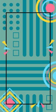 Çeşitli geometrik şekillere sahip soyut dikey arkaplan kartı. Geometrik memphis tarzına sahip dikey duvar kağıdı.