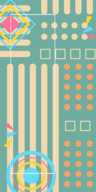 Çeşitli geometrik şekillere sahip soyut dikey arkaplan kartı. Geometrik memphis tarzına sahip dikey duvar kağıdı.