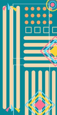 Çeşitli geometrik şekillere sahip soyut dikey arkaplan kartı. Geometrik memphis tarzına sahip dikey duvar kağıdı.