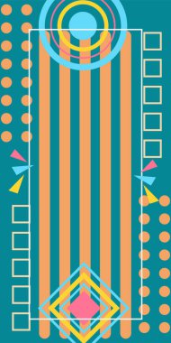 Çeşitli geometrik şekillere sahip soyut dikey arkaplan kartı. Geometrik memphis tarzına sahip dikey duvar kağıdı.