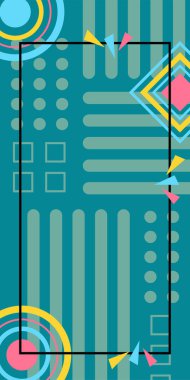 Çeşitli geometrik şekillere sahip soyut dikey arkaplan kartı. Geometrik memphis tarzına sahip dikey duvar kağıdı.