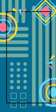 Çeşitli geometrik şekillere sahip soyut dikey arkaplan kartı. Geometrik memphis tarzına sahip dikey duvar kağıdı.