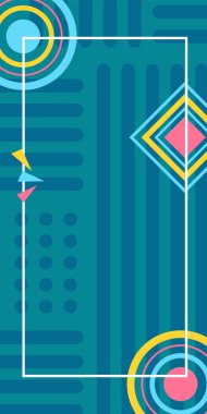 Çeşitli geometrik şekillere sahip soyut dikey arkaplan kartı. Geometrik memphis tarzına sahip dikey duvar kağıdı.
