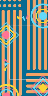 Çeşitli geometrik şekillere sahip soyut dikey arkaplan kartı. Geometrik memphis tarzına sahip dikey duvar kağıdı.