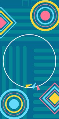 Çeşitli geometrik şekillere sahip soyut dikey arkaplan kartı. Geometrik memphis tarzına sahip dikey duvar kağıdı.