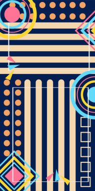 Çeşitli geometrik şekillere sahip soyut dikey arkaplan kartı. Geometrik memphis tarzına sahip dikey duvar kağıdı.