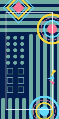 Çeşitli geometrik şekillere sahip soyut dikey arkaplan kartı. Geometrik memphis tarzına sahip dikey duvar kağıdı.