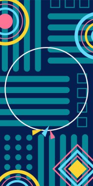 Çeşitli geometrik şekillere sahip soyut dikey arkaplan kartı. Geometrik memphis tarzına sahip dikey duvar kağıdı.