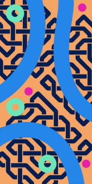 Çeşitli geometrik şekillere sahip soyut dikey arkaplan kartı. Geometrik memphis tarzına sahip dikey duvar kağıdı.