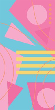 Çeşitli geometrik şekillere sahip soyut dikey arkaplan kartı. Geometrik memphis tarzına sahip dikey duvar kağıdı.