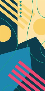 Çeşitli geometrik şekillere sahip soyut dikey arkaplan kartı. Geometrik memphis tarzına sahip dikey duvar kağıdı.