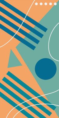 Çeşitli geometrik şekillere sahip soyut dikey arkaplan kartı. Geometrik memphis tarzına sahip dikey duvar kağıdı.